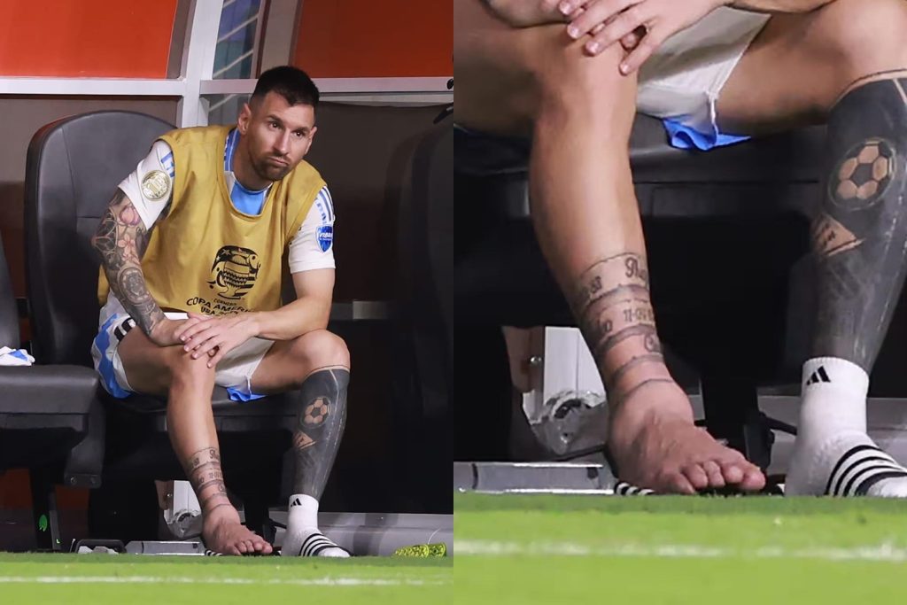 Football player Lionel Messi with a closeup of his ankle injury while resting in the dugout