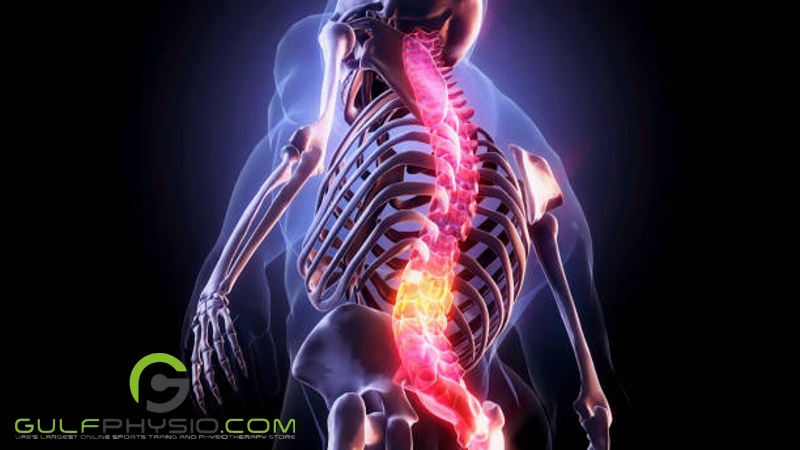 A digital 3D render of the human spine highlighting the area where pain is often experienced