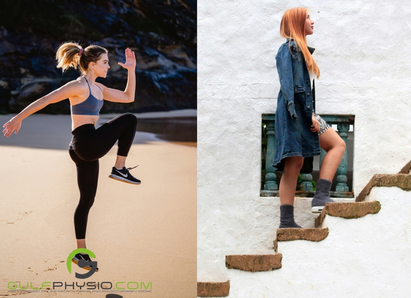  A side-by-side comparison highlighting the effectiveness of functional fitness in daily life. On the left is a woman in the middle of a split jump exercise, and on the right is a woman climbing up a flight of stairs