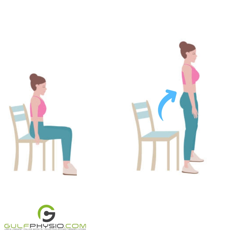 A diagram showing how to execute the sit-to-stand exercise.